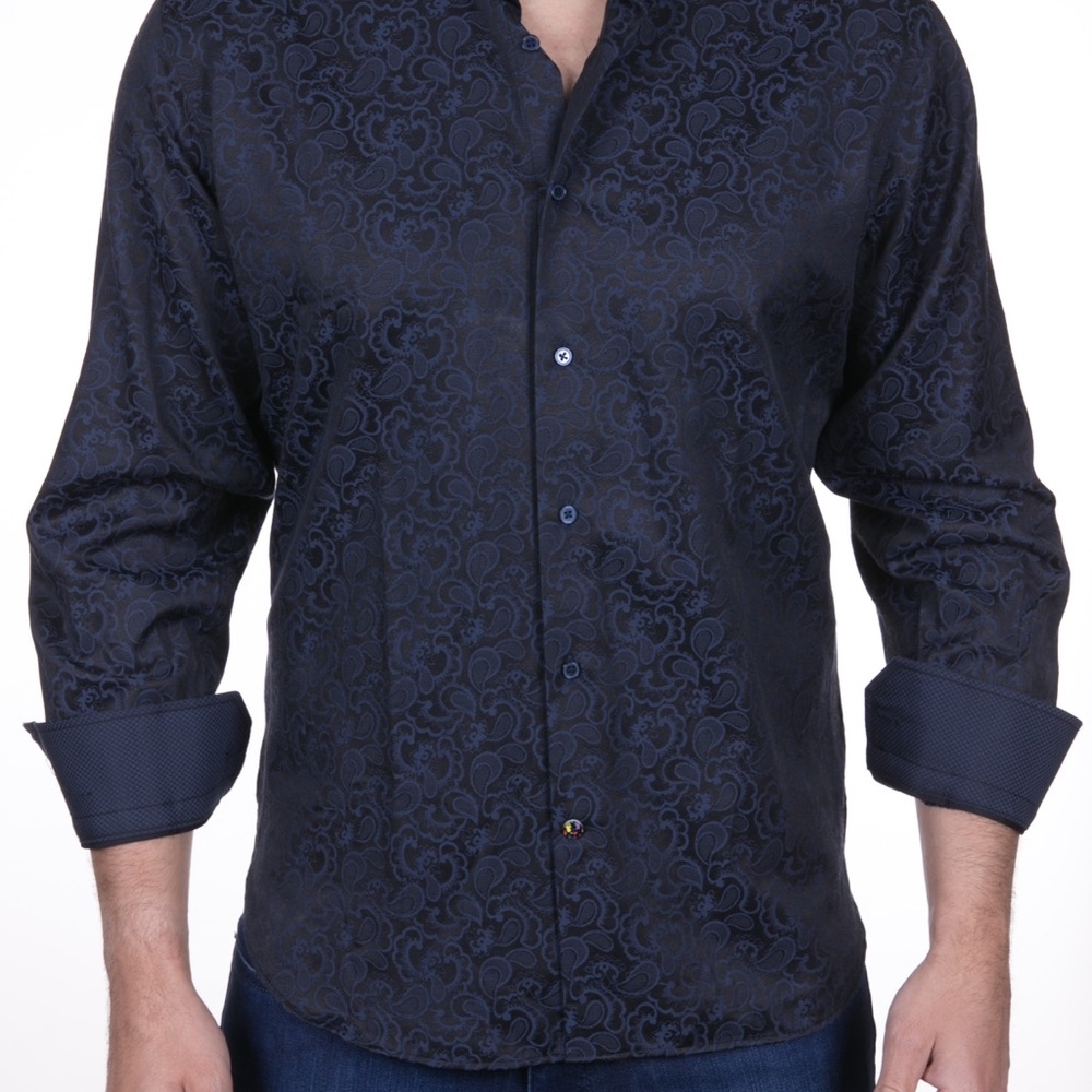 Navy button down with paisley overlay